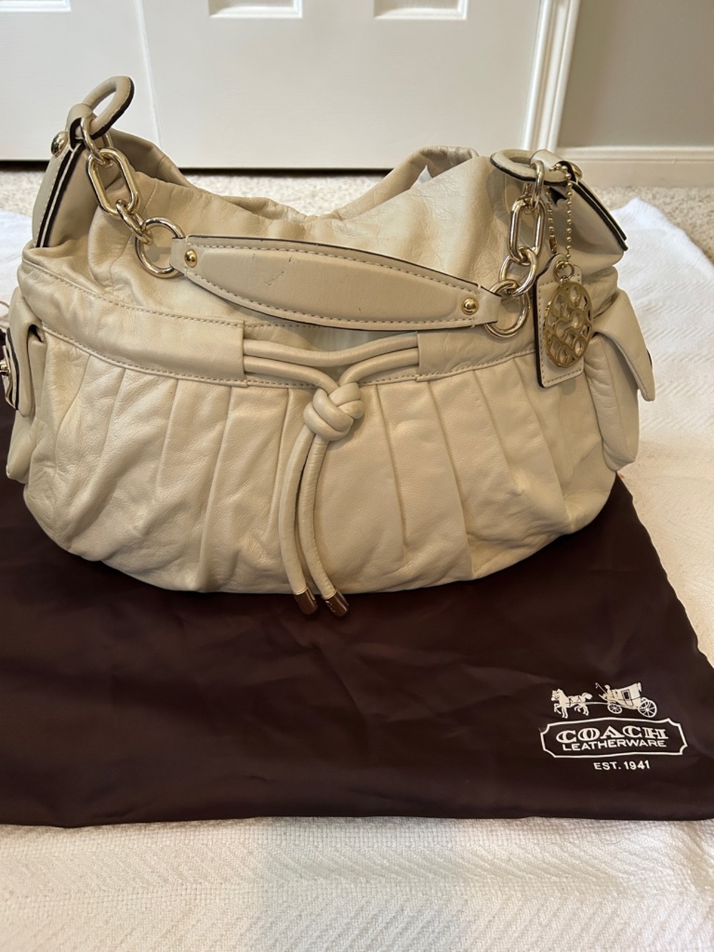 Coach Kristen Cream Leather Drawstring Hobo with Chain-Link Strap
